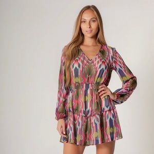Lavender Brown printed Boho V Neck Mini Dress